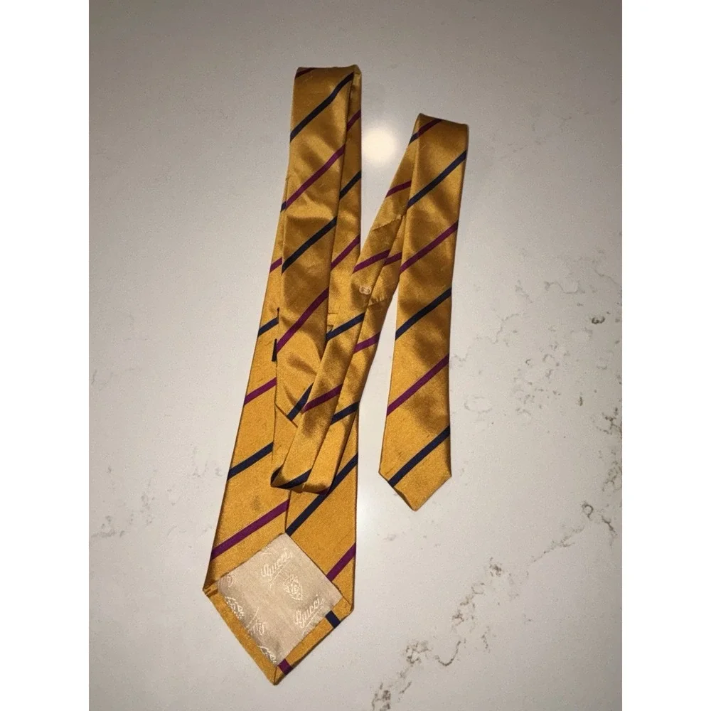 Vintage 100% Silk Gucci Striped Necktie Yellow Blue Purple Made In Italy